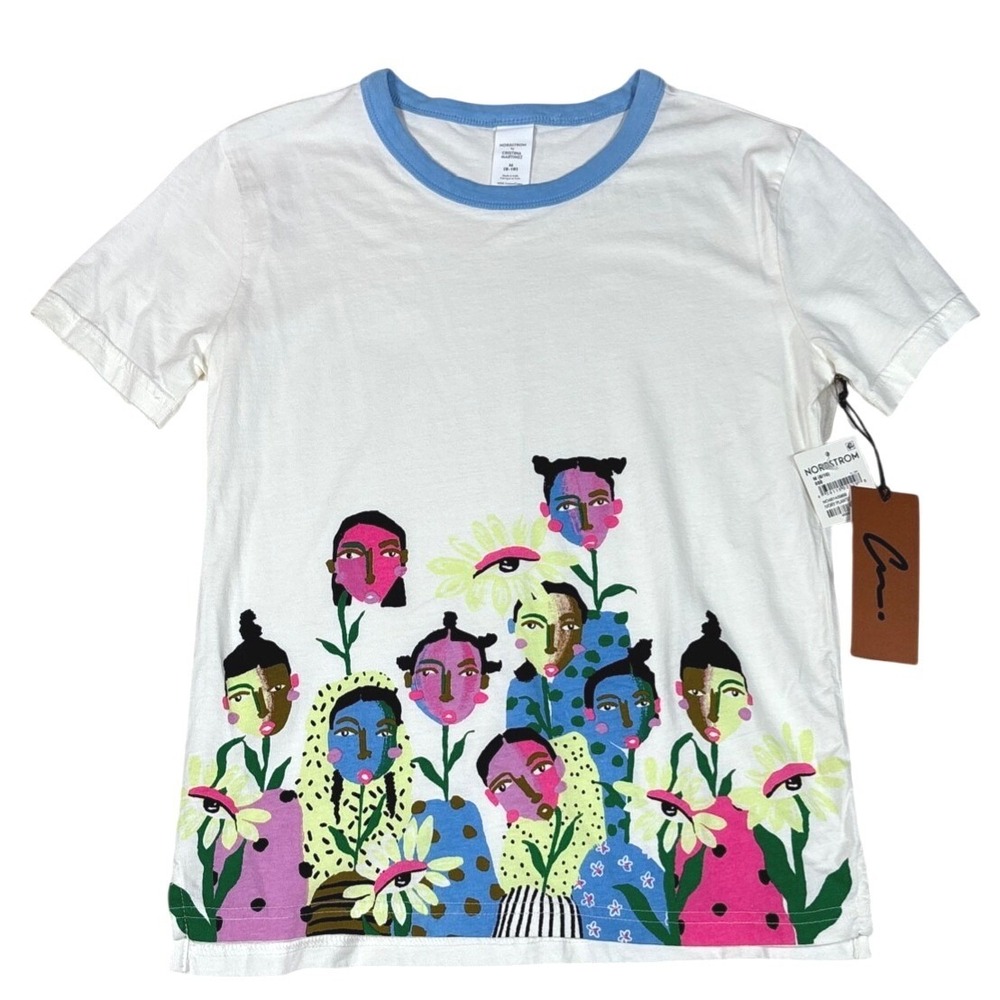 Nordstrom Cristina Martinez Kids Ivory Graphic Faces Ringer T-Shirt M 8-10 NWT